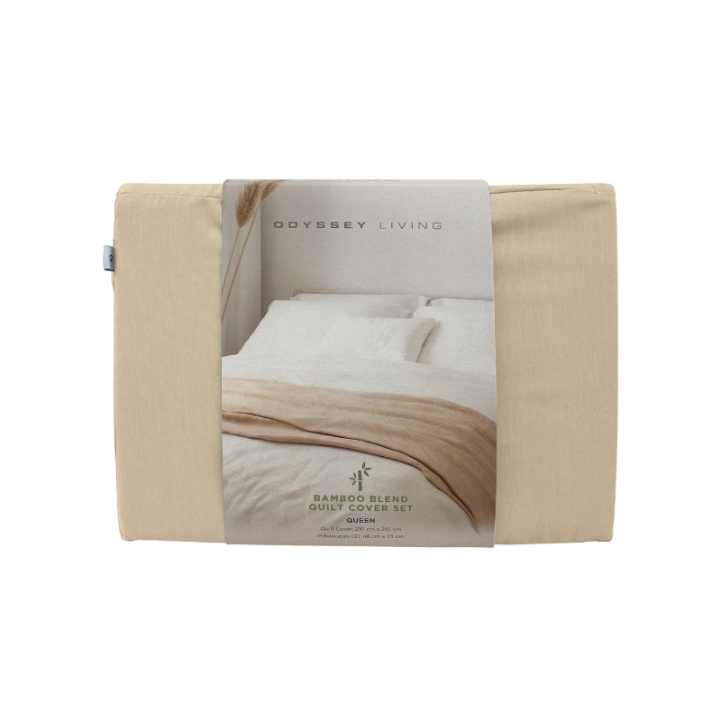 Packaging details of the Odyssey Living Bamboo Blend Beach Quilt Cover Set, offering comfort and elegance for your bed.