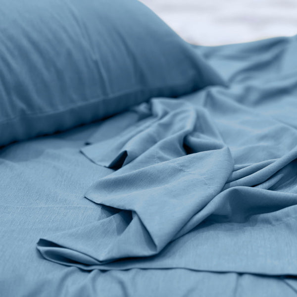 A luxuriously soft to touch bamboo and polyester blend sheet set in blue.