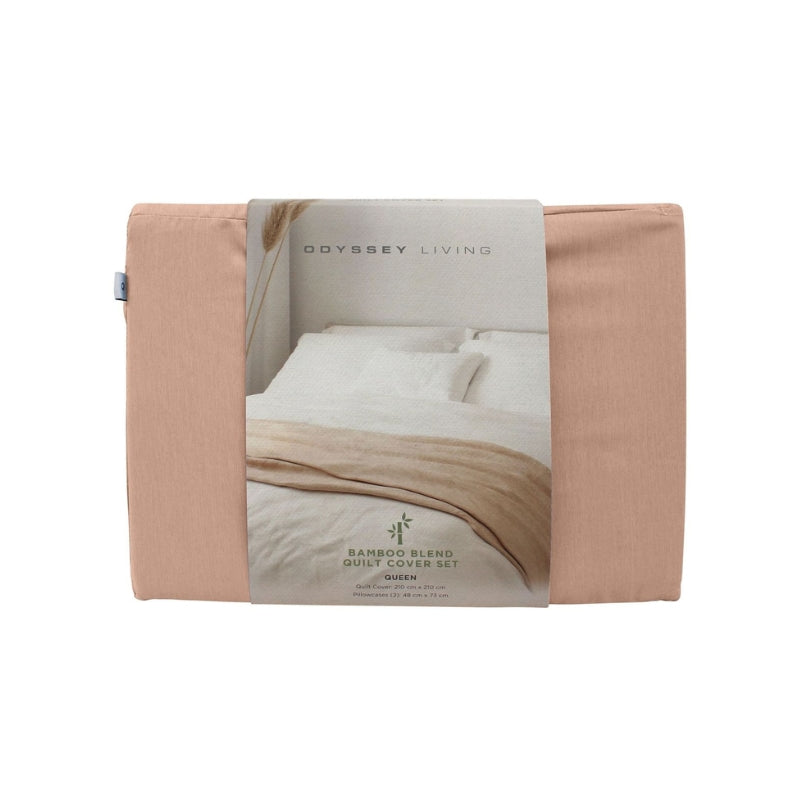 Front packaging details of the Odyssey Living Bamboo Blend Clay Quilt Cover Set, offering comfort and elegance for your bed.