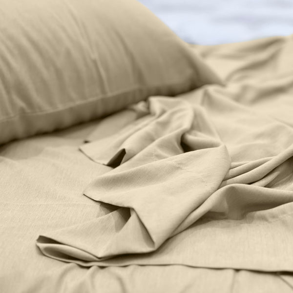 A luxuriously soft to touch bamboo and polyester blend sheet set in cream.