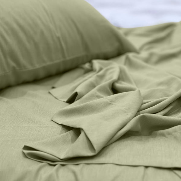 A luxuriously soft to touch bamboo and polyester blend sheet set in olive green.