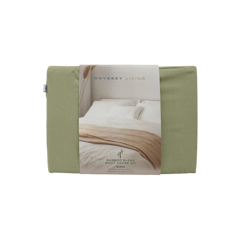 Packaging details of the green Odyssey Living Bamboo Blend Quilt Cover Set, offering comfort and elegance for your bed.