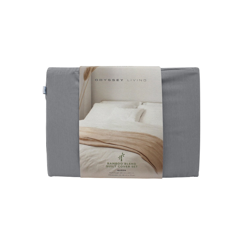 Front packaging details of the grey Odyssey Living Bamboo Blend Quilt Cover Set, offering comfort and elegance for your bed.