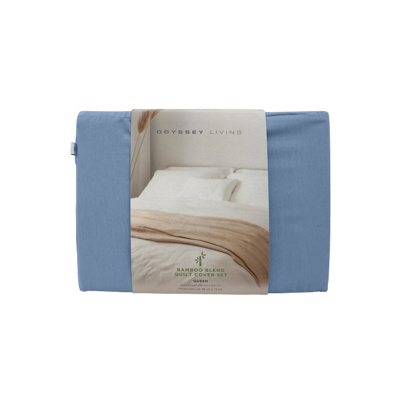 Packaging details of the Odyssey Living Bamboo Blend Sterling Blue Quilt Cover Set, offering comfort and elegance for your bed.