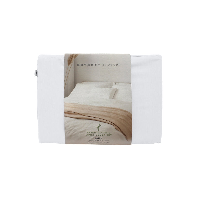 Front packaging details of the Odyssey Living Bamboo Blend White Quilt Cover Set, offering comfort and elegance for your bed.