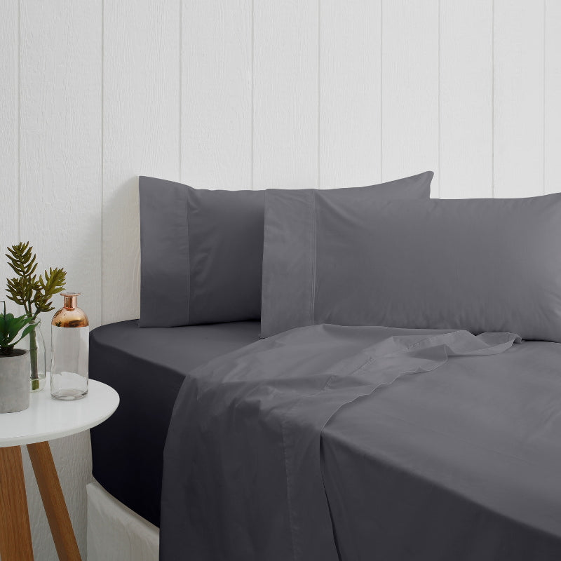 A charcoal sheet set made from 100% cotton showcasing fresh appearance, ultimate softness and cottony comfort.