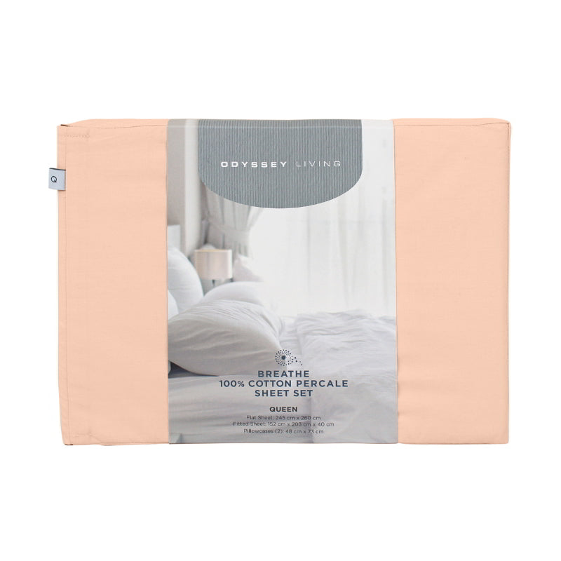 Front packaging details of light clay cotton sheet set.