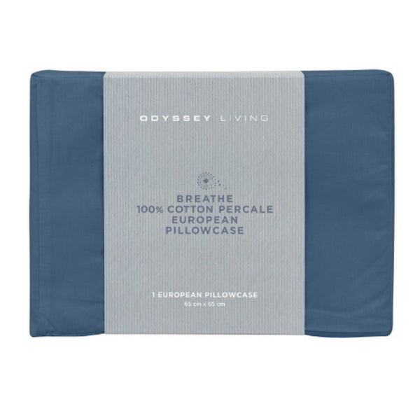 Front details of the packaging of Breathe cotton european pillowcase in marine blue colour.