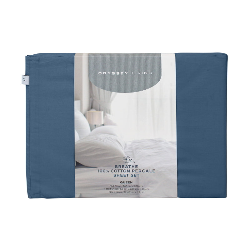 Front packaging details of marine blue cotton sheet set.