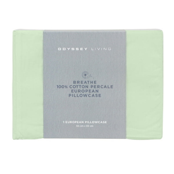 Front details of the packaging of Breathe cotton european pillowcase in sage colour.