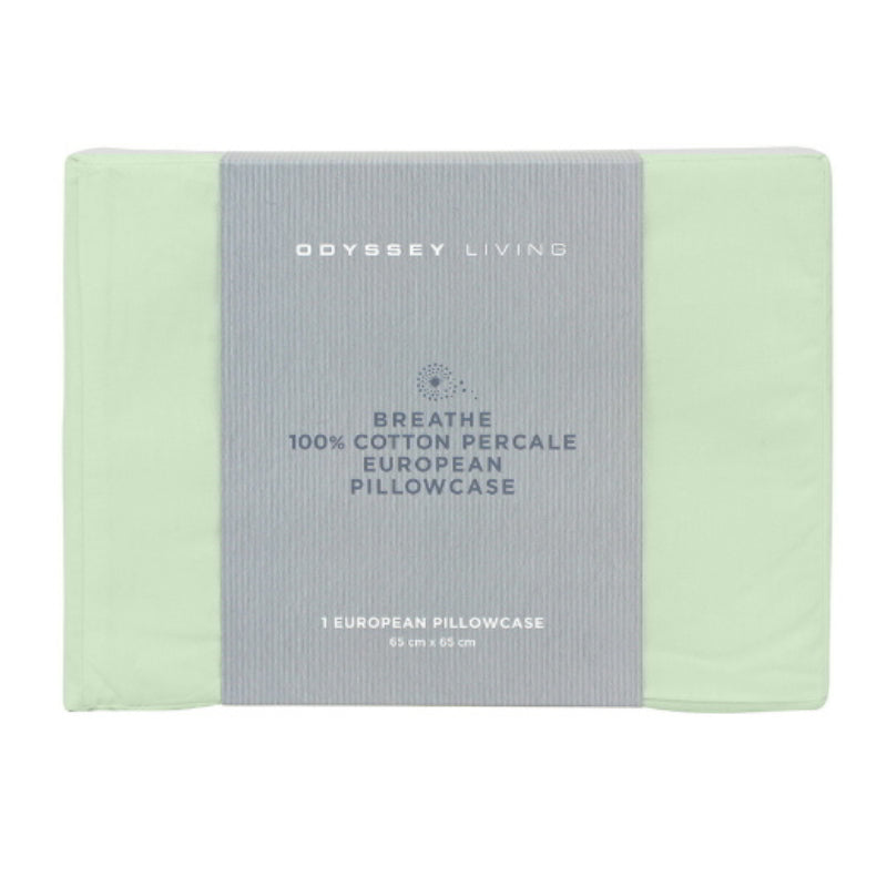 Front details of the packaging of Breathe cotton european pillowcase in sage colour.