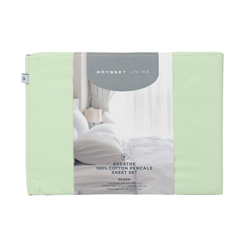 Front packaging details of sage cotton sheet set.