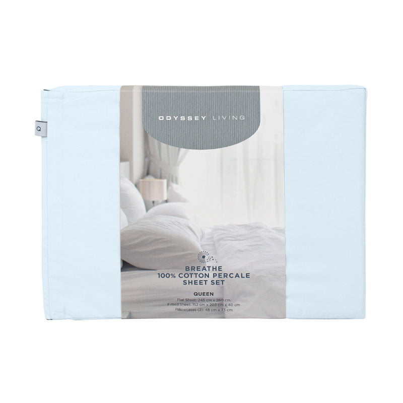 Front packaging details of sky cotton sheet set.