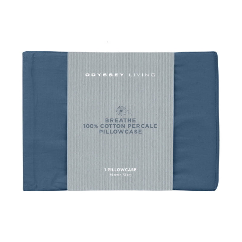 Front details of the packaging of marine blue breathe cotton standard pillowcase featuring its minimalist packaging design.