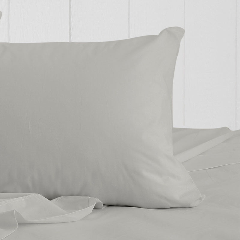 A breathe cotton standard pillowcase in pewter colour featuring its minimal, inviting softness and comfort.