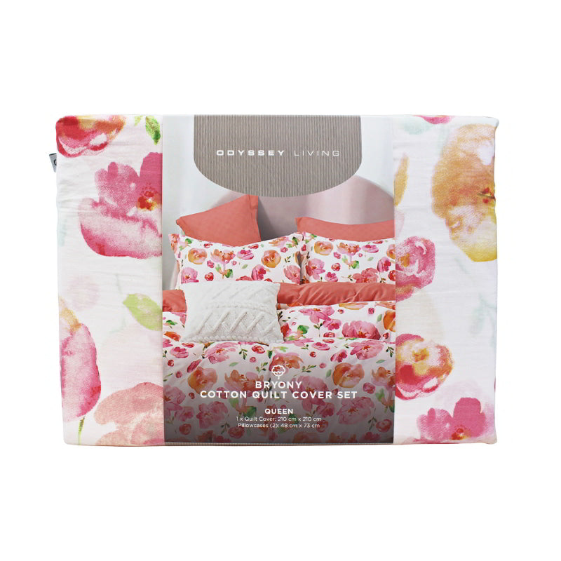 Front packaging details of the Bryony Cotton Multi Quilt Cover Set showcases large pink and orange flowers with green leaves, perfect for a lively bedroom retreat.