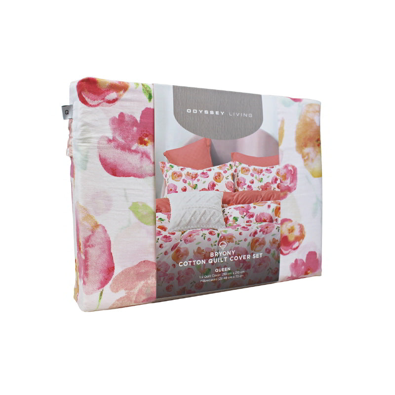 Side packaging details of the Bryony Cotton Multi Quilt Cover Set showcases large pink and orange flowers with green leaves, perfect for a lively bedroom retreat.