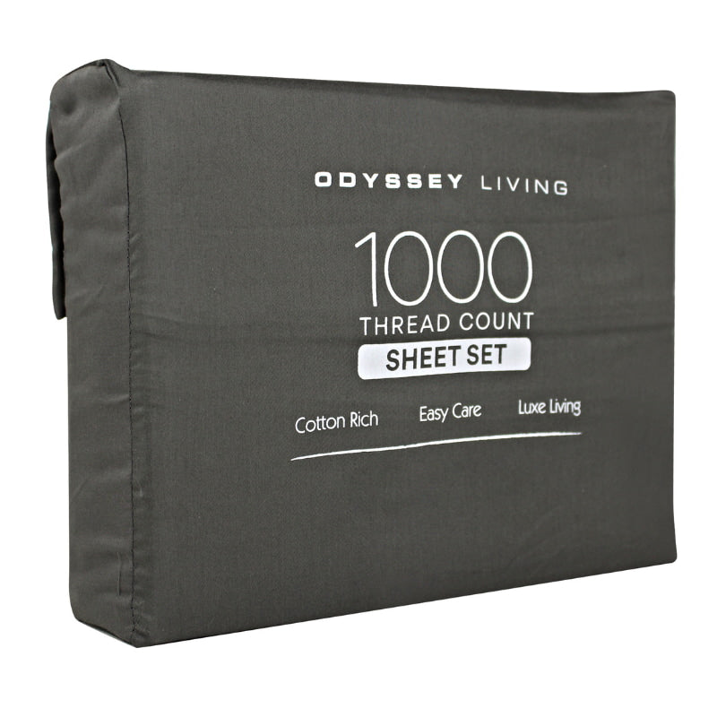 Side packaging details of a charcoal cotton rich sheet set.