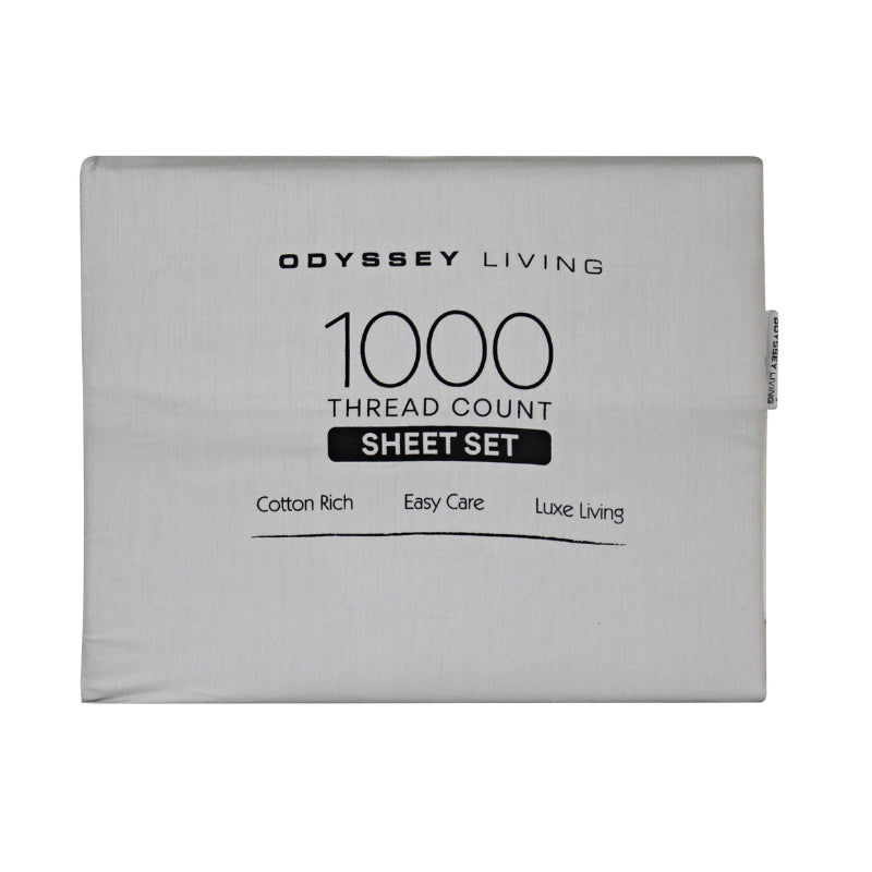 Front packaging details of a silver cotton rich sheet set.