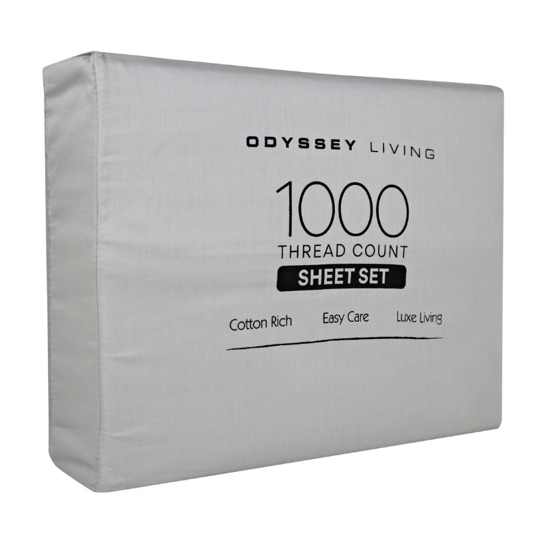 Side packaging details of a silver cotton rich sheet set.