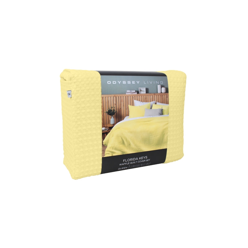 Side packaging details of a luxurious quilt cover set in a yellow colour scheme featuring a modern texture.