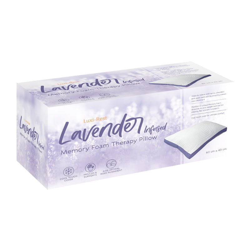 Packaging details of Odyssey Living's Lavender Essence Infusion Pillow offers cool comfort and lavender aroma for restful sleep and energised mornings.