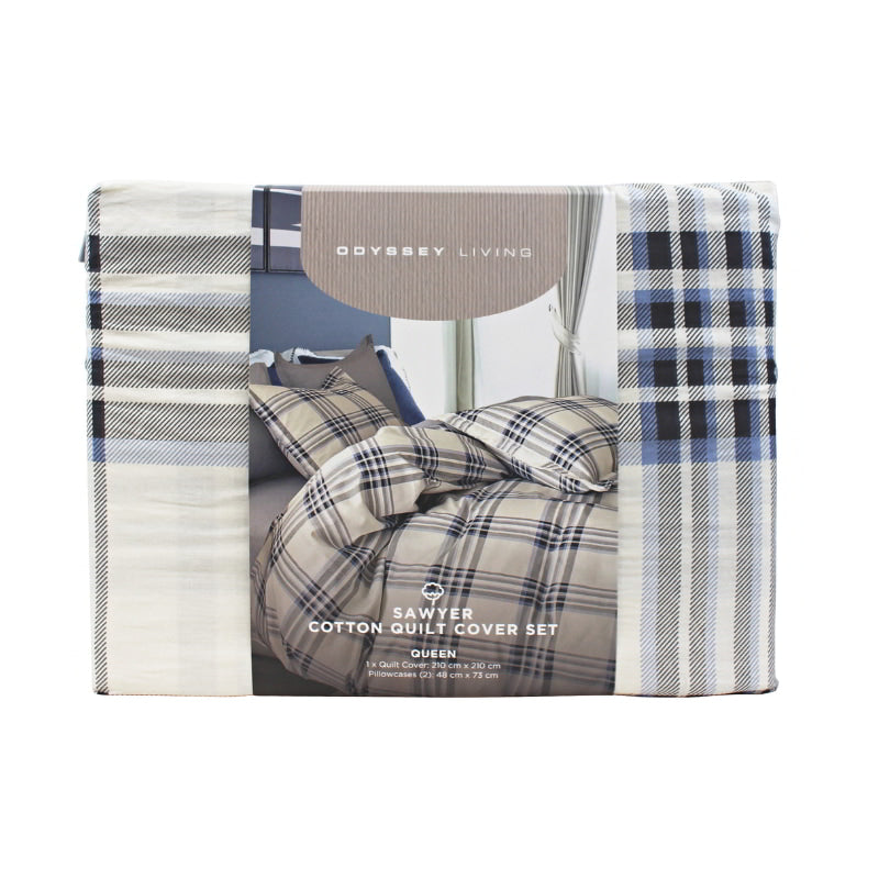 Packaging details of the Odyssey Living Sawyer Cotton Multi Quilt Cover Set, crafted from 100% cotton for a stylish bedroom retreat.