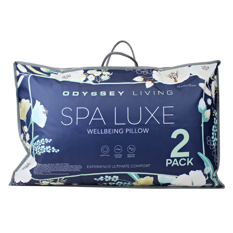 alt="Front details of a spa luxe wellbeing standard pillow packaging"