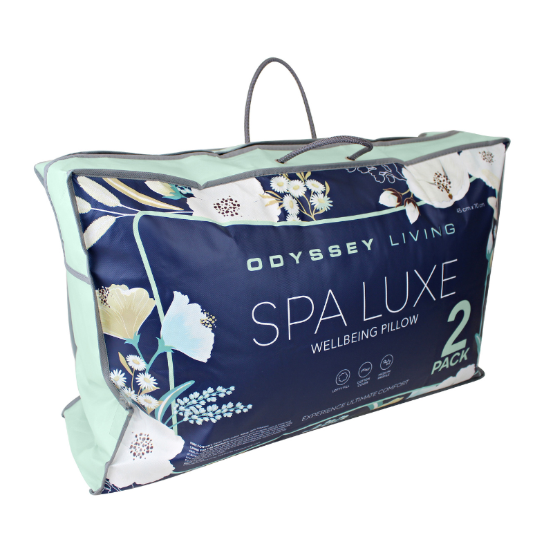 alt="Side details of a spa luxe wellbeing standard pillow packaging"