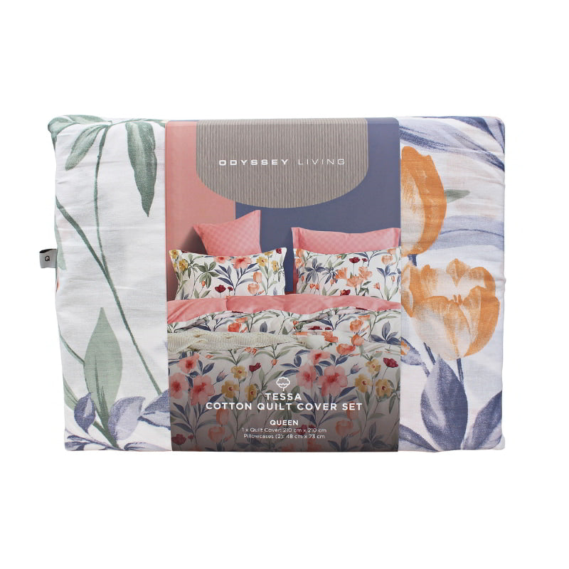 Packaging details of a stylish floral quilt cover set made from premium cotton, enhancing bedroom decor with comfort and a touch of colour.