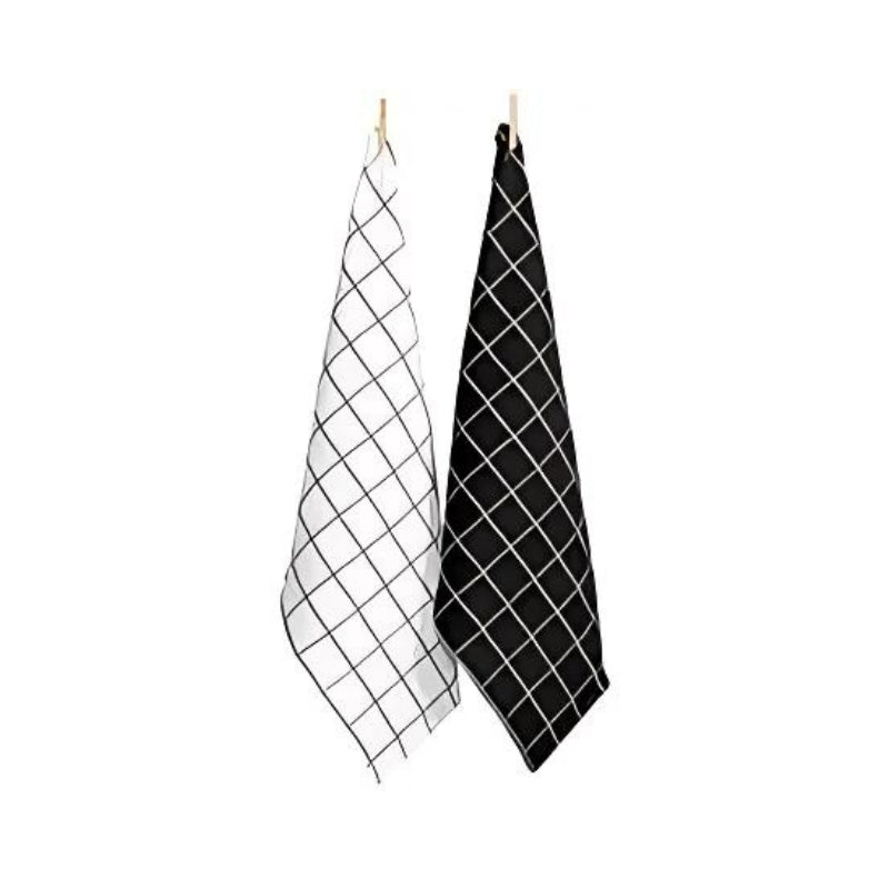 A pair of stylish black and white tea towels featuring a pinstripe-check pattern, elegantly displayed on a clothesline.