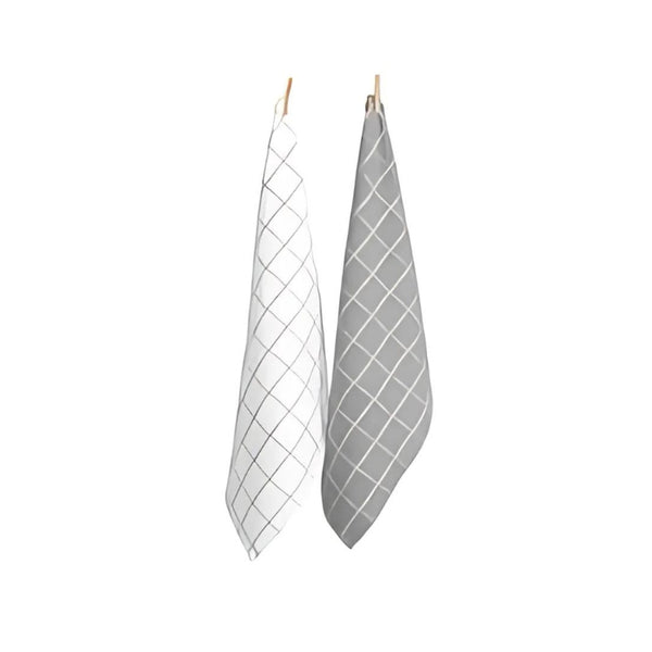 A pair of stylish grey and white tea towels featuring a pinstripe-check pattern, elegantly displayed on a clothesline.