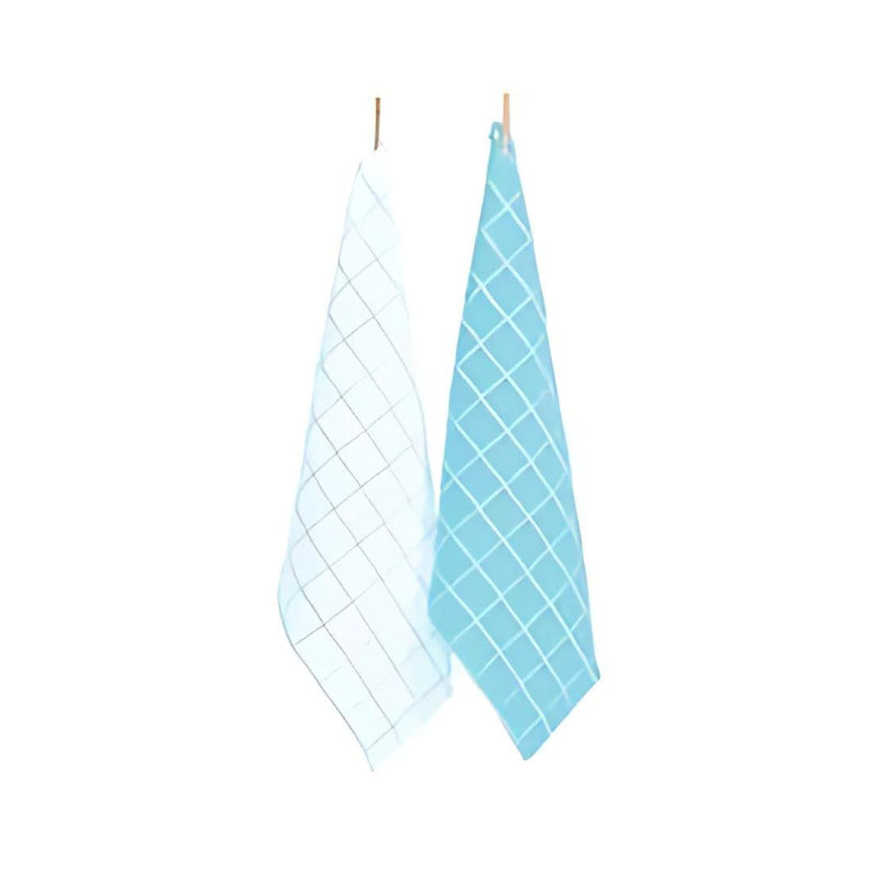 A pair of stylish bue and white tea towels featuring a pinstripe-check pattern, elegantly displayed on a clothesline.