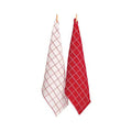 A pair of stylish red and white tea towels featuring a pinstripe-check pattern, elegantly displayed on a clothesline.