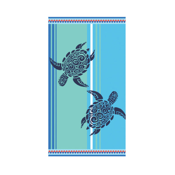 A chic blue turtle motif towel, ideal for adding a touch of summer elegance to your beach outings.