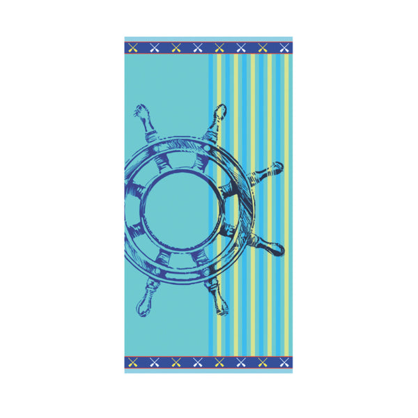 A stylish blue and yellow towel with a ship wheel motif, designed for comfort and absorbency at the beach or pool.