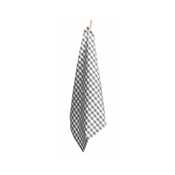 A charcoal and white gingham tea towel hanging on a clothesline, highlighting its classic design and suitability for various dining settings.