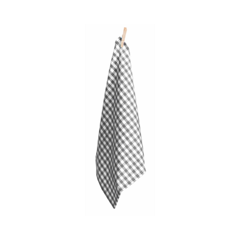 A charcoal and white gingham tea towel hanging on a clothesline, highlighting its classic design and suitability for various dining settings.