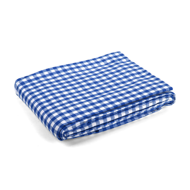 A blue and white gingham tablecloth, adding charm and protection to your kitchen with its classic checkered design.