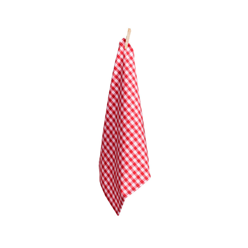 A red and white gingham tea towel hanging on a clothesline, highlighting its classic design and suitability for various dining settings.