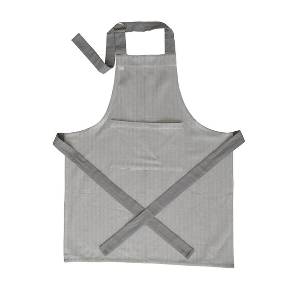 A stylish charcoal apron with an adjustable neck strap, featuring a chic herringbone pattern for elegance in the kitchen.