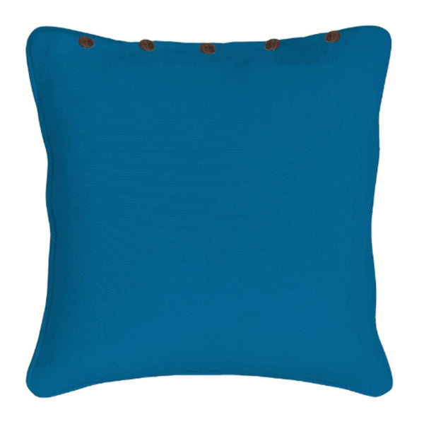 A vibrant aqua cushion cover adorned with brown buttons, perfect for adding a stylish touch to any living space.