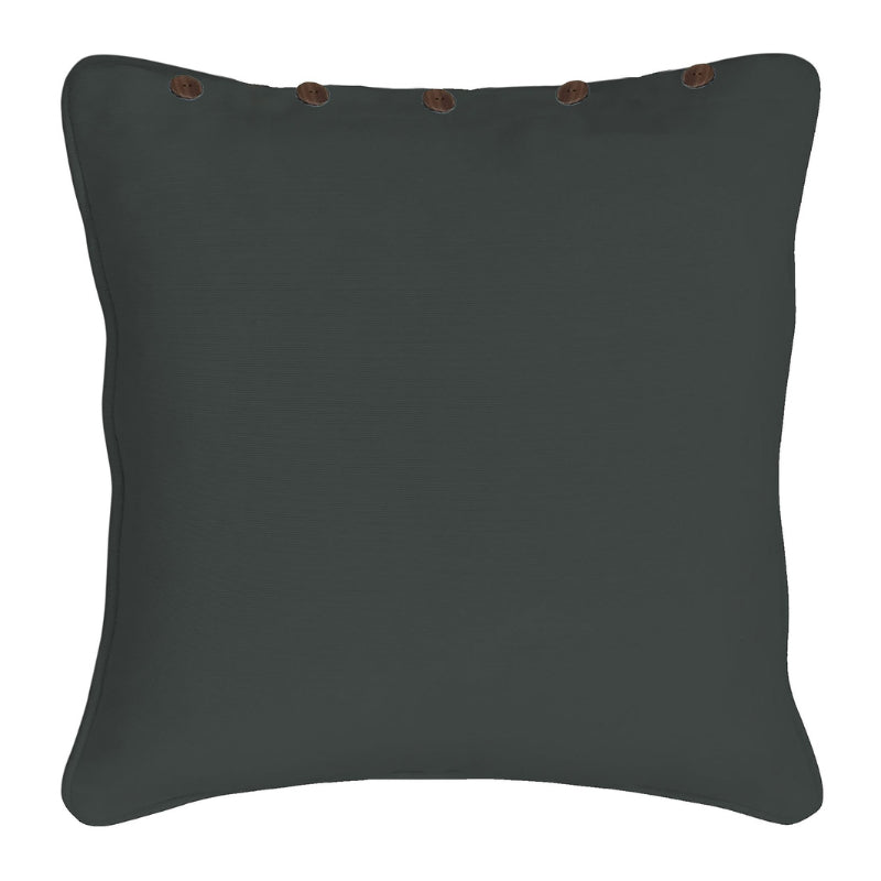 A charcoal cushion cover featuring brown buttons, designed to enhance the decor of your home with a modern and lively flair.