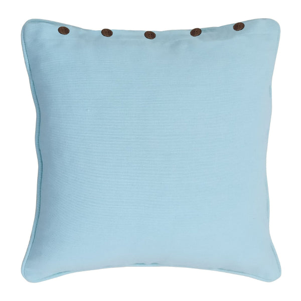 A light blue cushion cover featuring brown buttons, designed to enhance the decor of your home with a modern and lively flair.