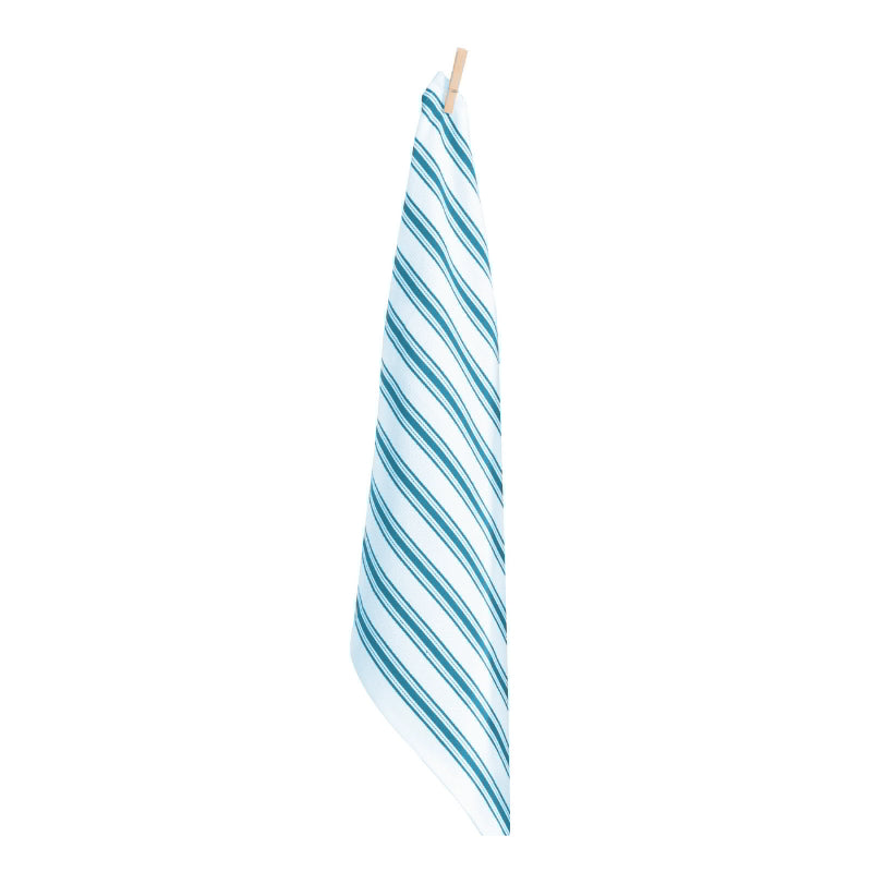 A chic blue white striped scarf resting on a clean white surface, highlighting its sophisticated pattern and aesthetic appeal.