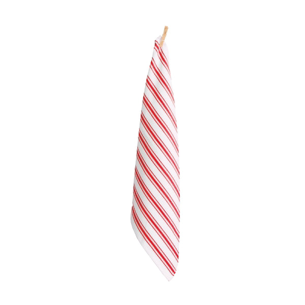 A chic red and white striped scarf resting on a clean white surface, highlighting its sophisticated pattern and aesthetic appeal.