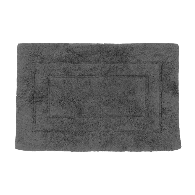 Soft charcoal bath mat featuring a chic border, designed to keep your feet cosy on cold bathroom tiles.