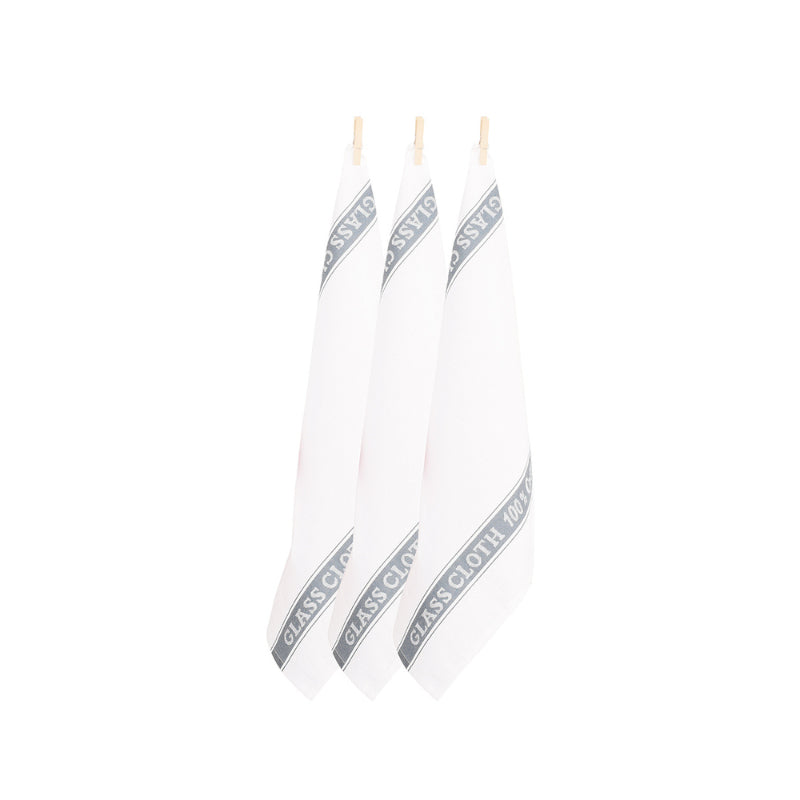 Three pristine grey glass cloths displayed on clothes pegs, highlighting their quality craftsmanship and vintage aesthetic for effective cleaning.