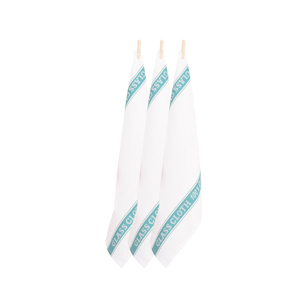 Three pristine blue glass cloths displayed on clothes pegs, highlighting their quality craftsmanship and vintage aesthetic for effective cleaning.