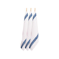 Three pristine navy glass cloths displayed on clothes pegs, highlighting their quality craftsmanship and vintage aesthetic for effective cleaning.